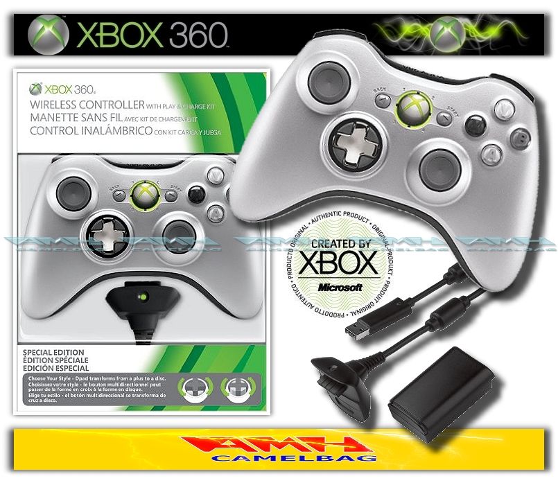 MICROSOFT WIRELESS CONTROLLER SILBER + PLAY CHARGE AKKU XBOX 360